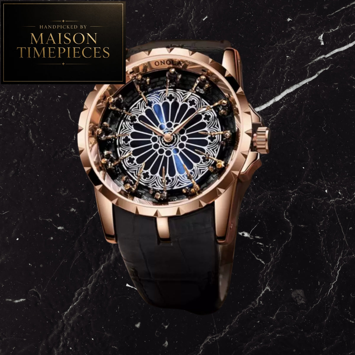 A luxury watch by Ong & L'Heure, featuring a rose gold case, a black textured strap, and a highly detailed skeleton dial with a blue rose motif. The watch is displayed on a black marble surface with a Maison Timepieces logo overlay in the top left corner.