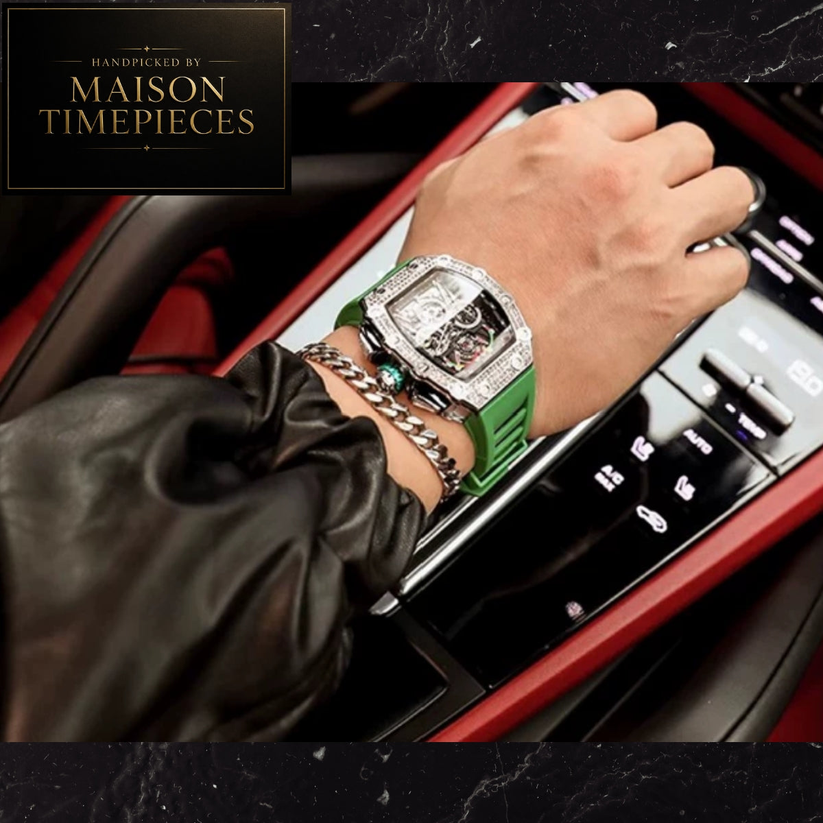 A close-up lifestyle shot of a hand wearing a Maison Timepieces watch with a green rubber strap and a diamond-encrusted bezel, resting on a car center console. The Maison Timepieces logo is visible in the top left corner.