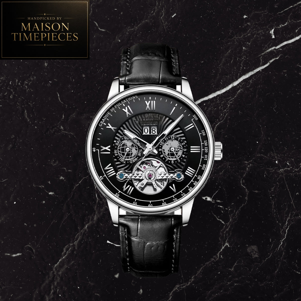 Maison Timepieces Curated automatic skeleton dress watch with black Roman numeral dial, open-heart mechanical movement display, stainless steel case and black leather strap.