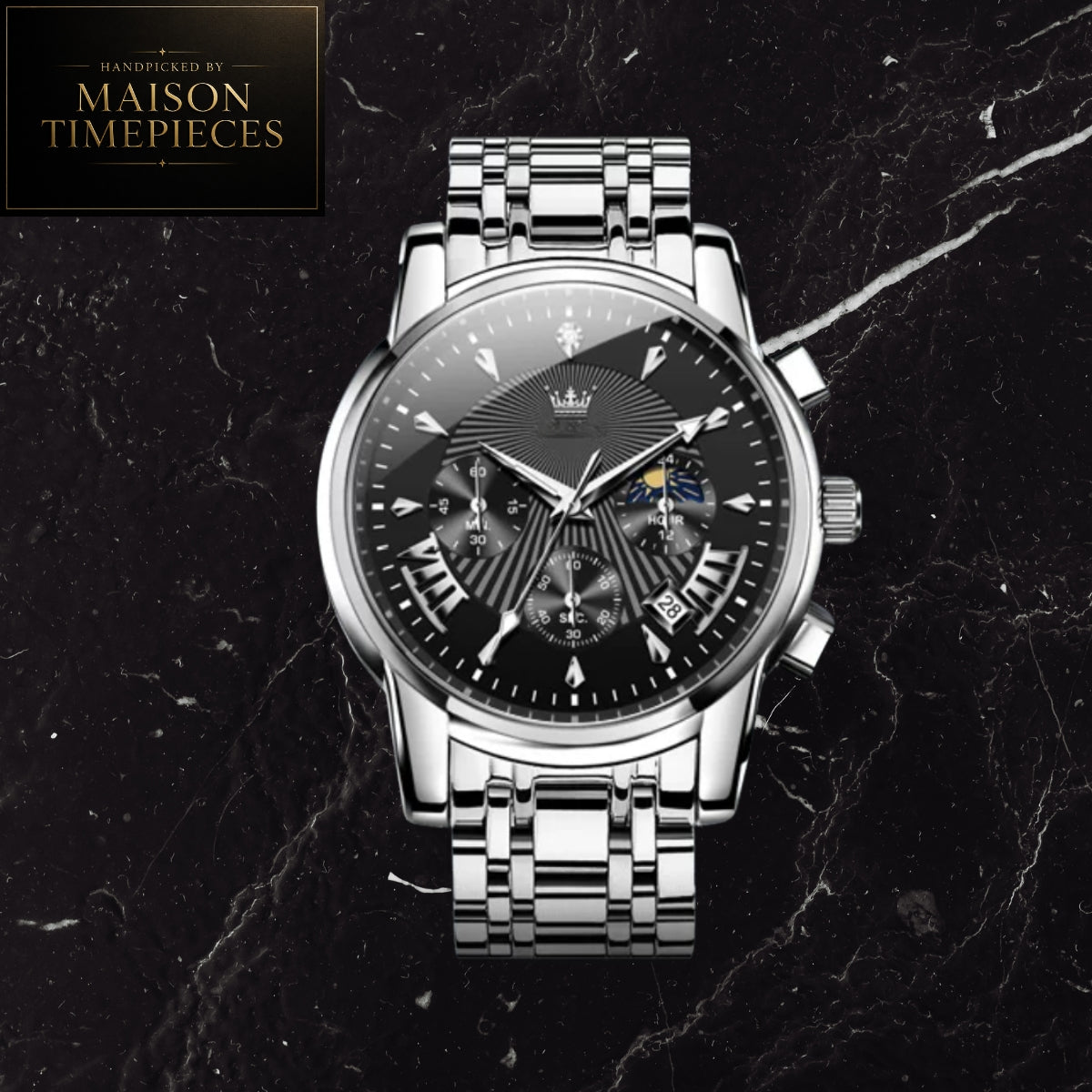 Maison Timepieces Curated Ref. 2892 - Quartz Chronograph Dress Watch 41mm Black Dial Stainless Steel Bracelet