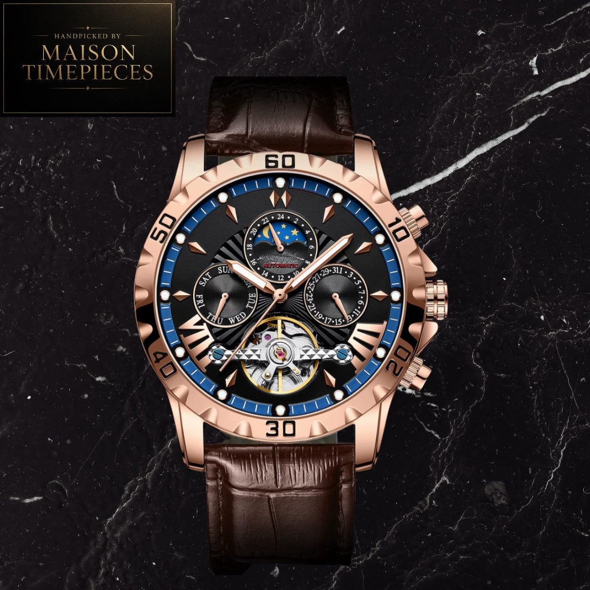 Maison Timepieces Curated Ref. 1410 - Automatic Tourbillon Style Moonphase Watch 43mm Black Dial Rose Gold Leather Strap