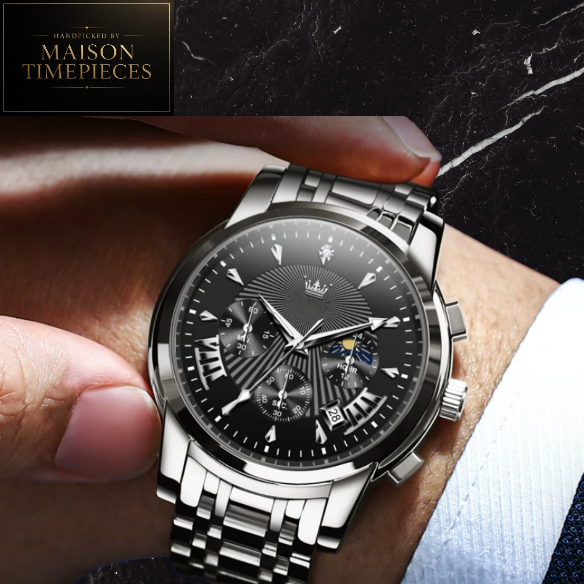 Maison Timepieces Curated Ref. 2892 - Quartz Chronograph Dress Watch 41mm Black Dial Stainless Steel Bracelet