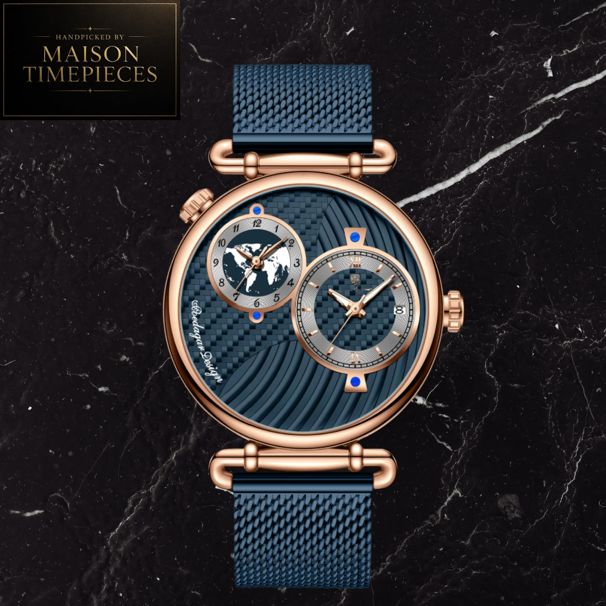 Maison Timepieces Curated Ref. 848 - Quartz World Time Dress Watch 44mm Blue Textured Dial Mesh Strap