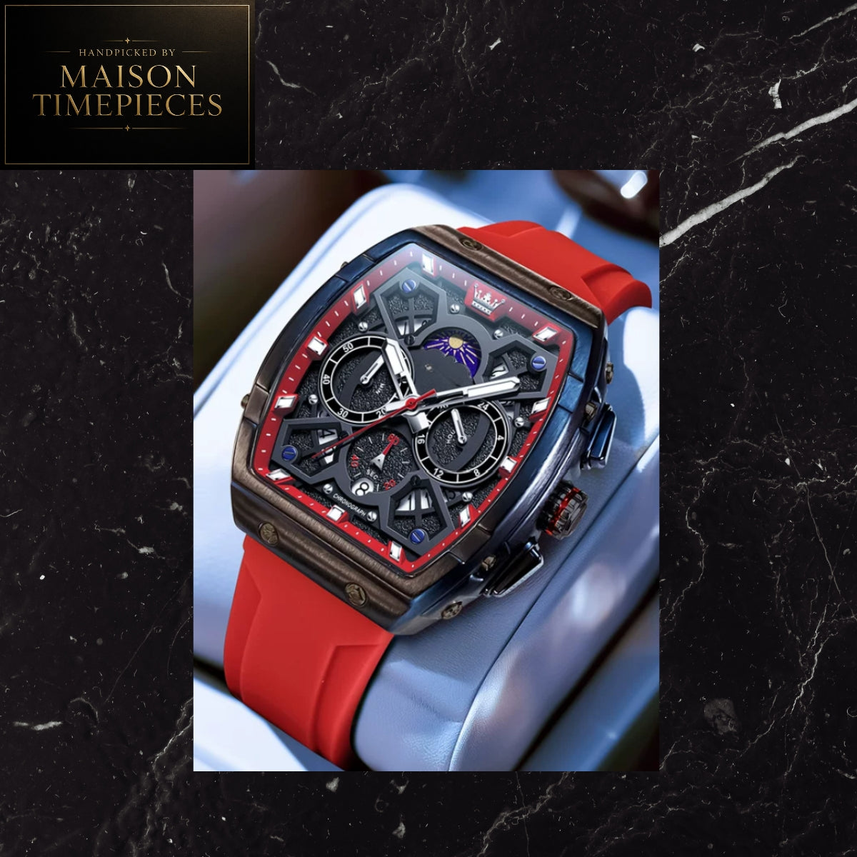 Maison Timepieces Curated Ref. 2942H - Quartz Tonneau Sports Watch 44mm Skeleton Dial Red Silicone Strap