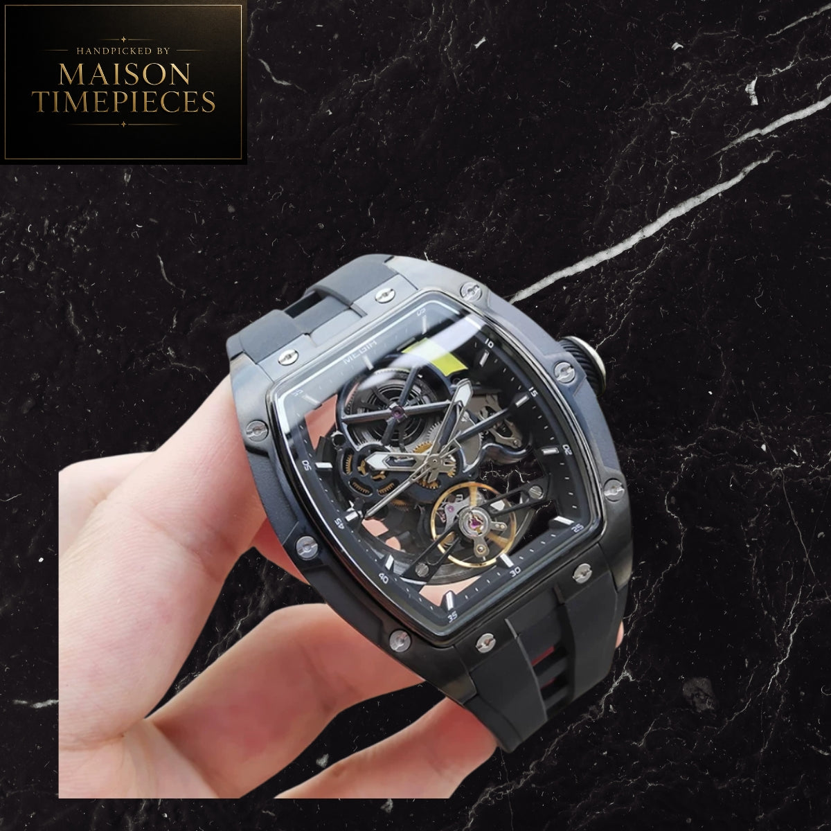 Maison Timepieces Curated Ref. 2242 - Automatic Skeleton Tonneau Watch 42mm Blue Dial Silicone Strap