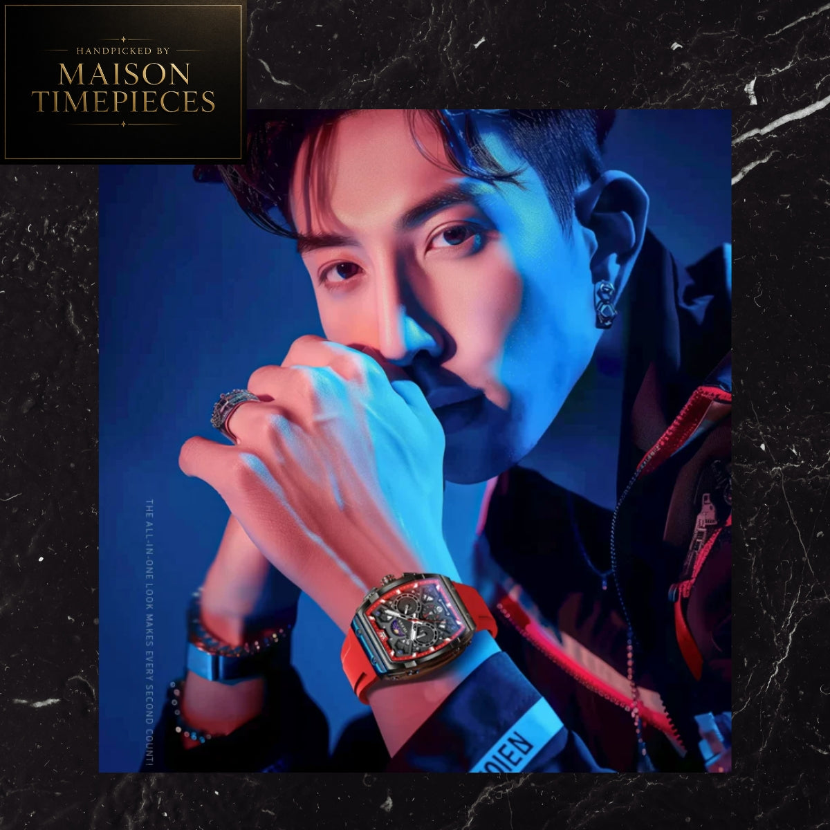 Maison Timepieces Curated Ref. 2942H - Quartz Tonneau Sports Watch 44mm Skeleton Dial Red Silicone Strap