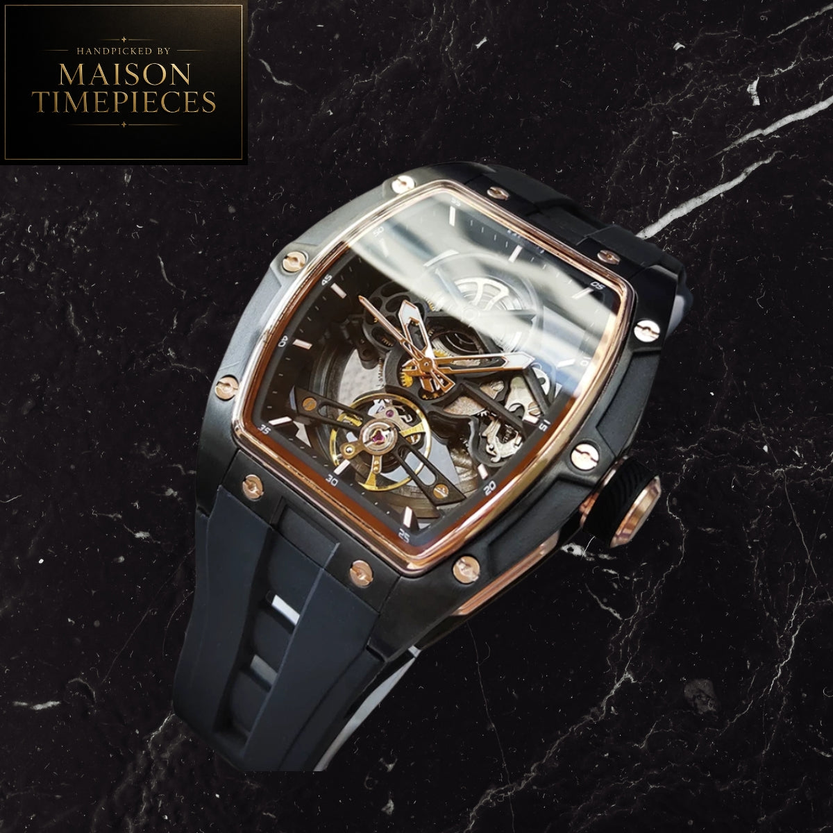Maison Timepieces Curated Ref. 2242 - Automatic Skeleton Tonneau Watch 42mm Blue Dial Silicone Strap