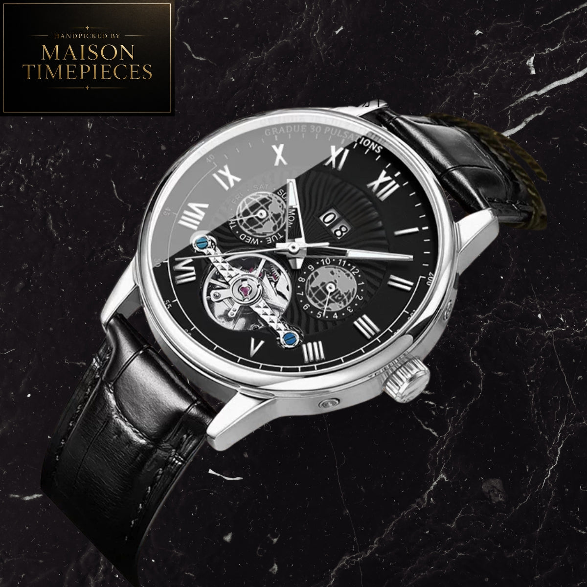 Maison Timepieces Curated automatic skeleton dress watch with black Roman numeral dial, open-heart mechanical movement display, stainless steel case and black leather strap.