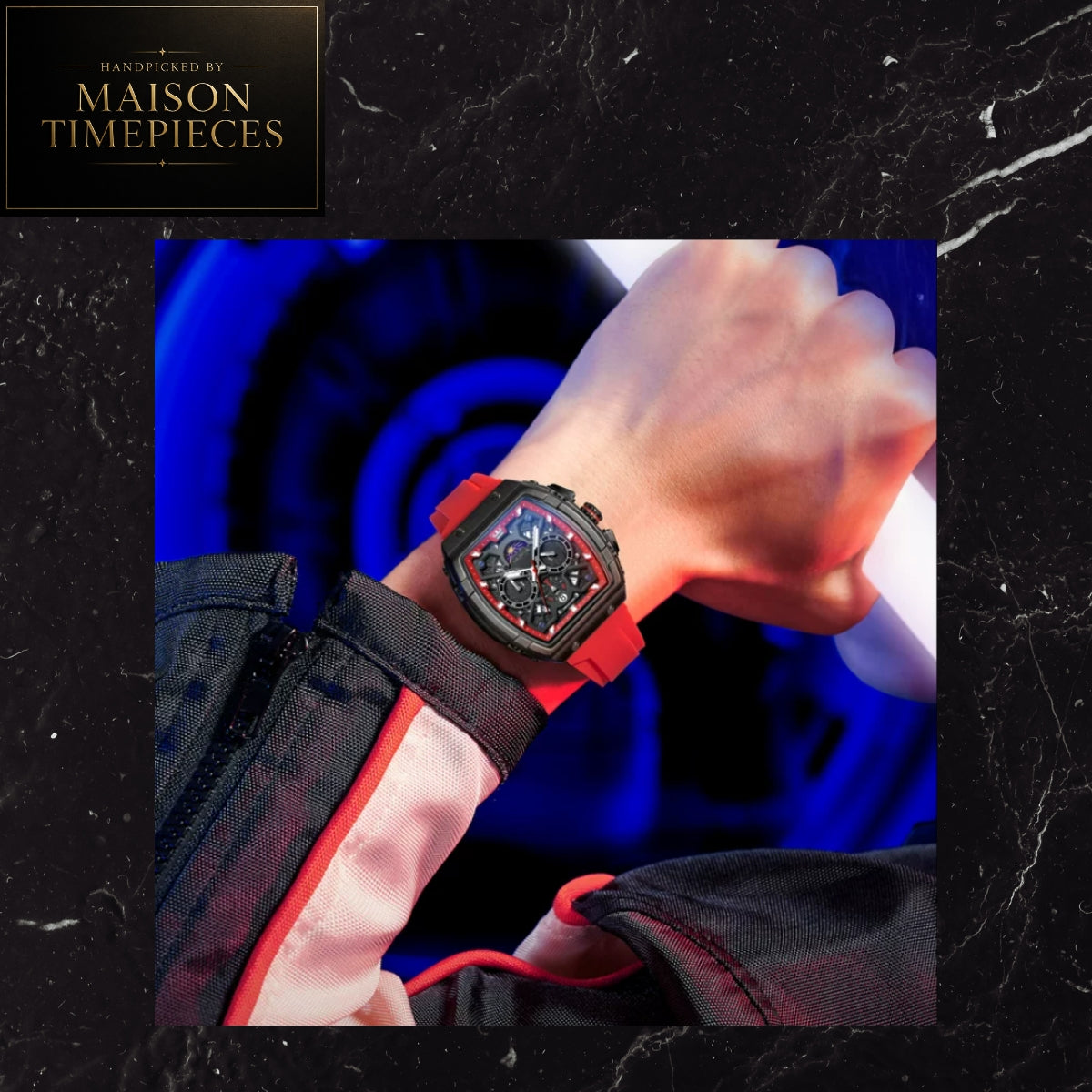 Maison Timepieces Curated Ref. 2942H - Quartz Tonneau Sports Watch 44mm Skeleton Dial Red Silicone Strap