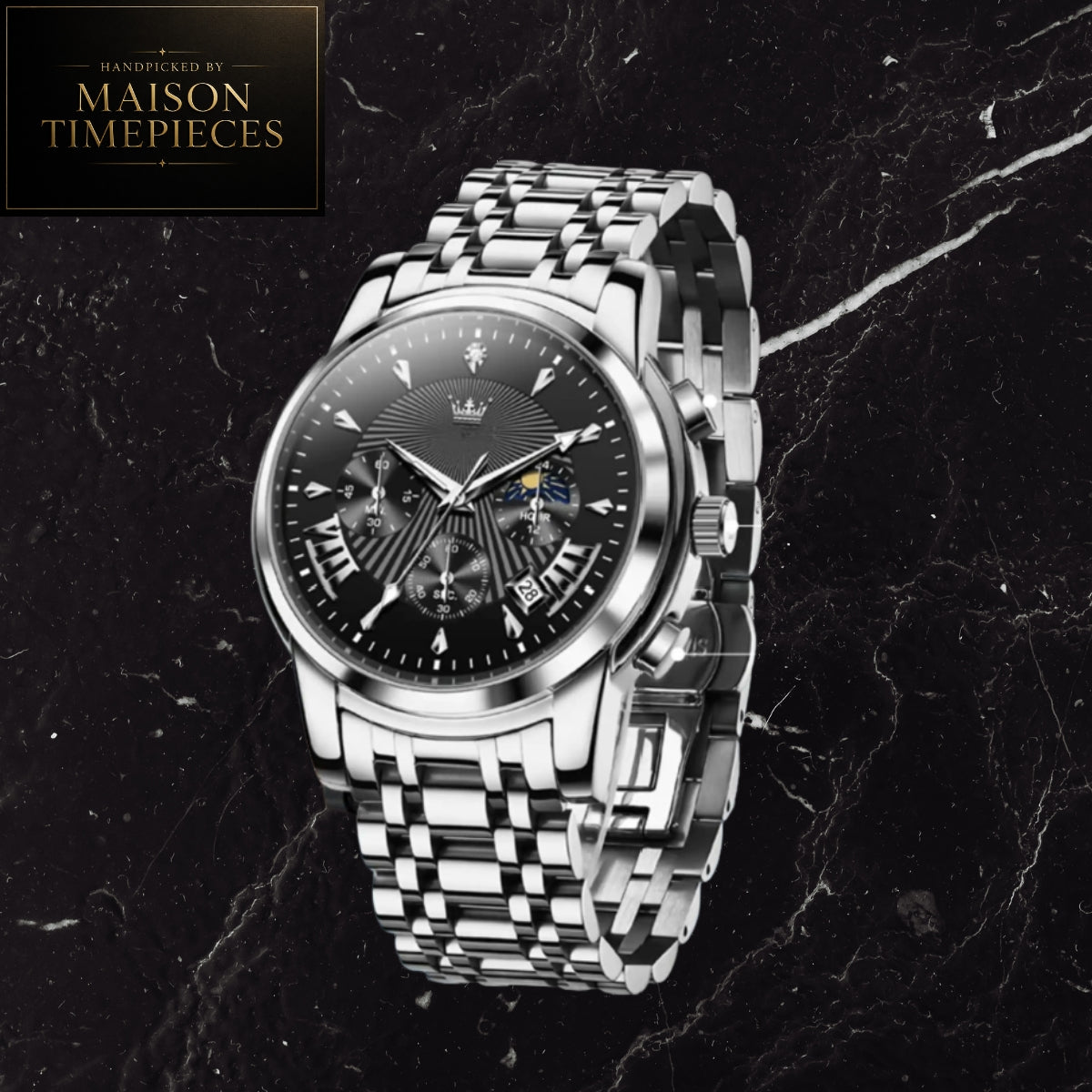 Maison Timepieces Curated Ref. 2892 - Quartz Chronograph Dress Watch 41mm Black Dial Stainless Steel Bracelet