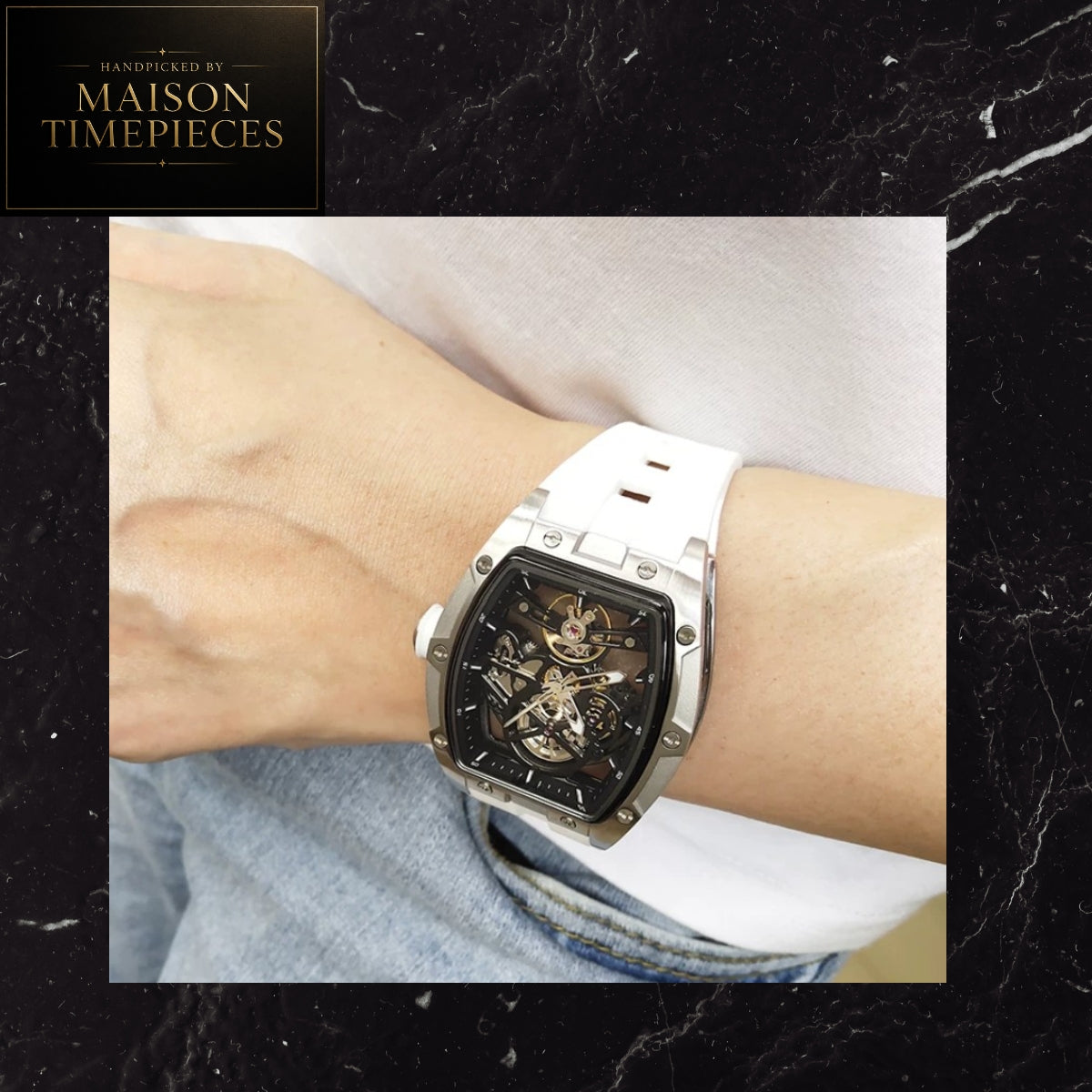 Maison Timepieces Curated Ref. 2242 - Automatic Skeleton Tonneau Watch 42mm Blue Dial Silicone Strap