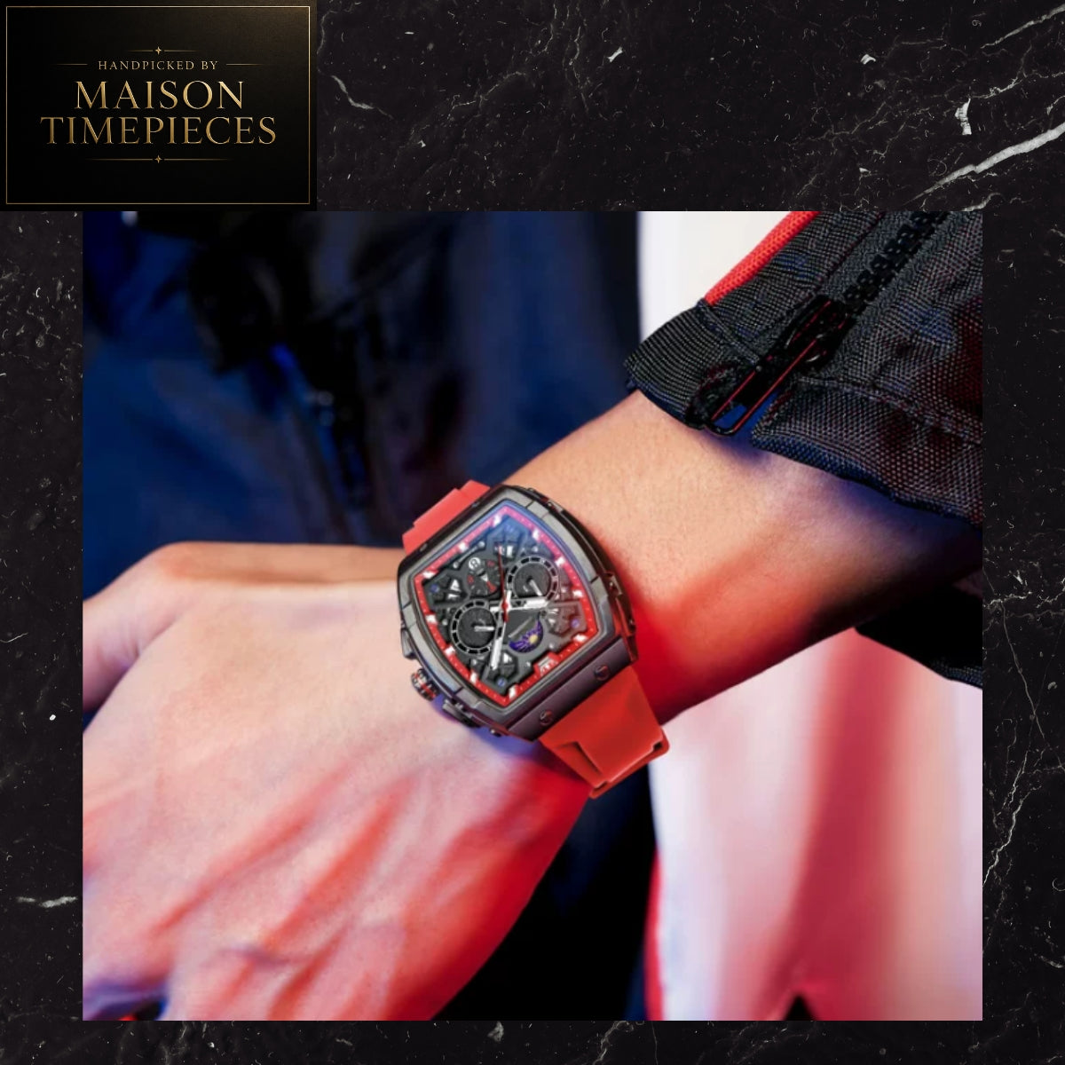 Maison Timepieces Curated Ref. 2942H - Quartz Tonneau Sports Watch 44mm Skeleton Dial Red Silicone Strap