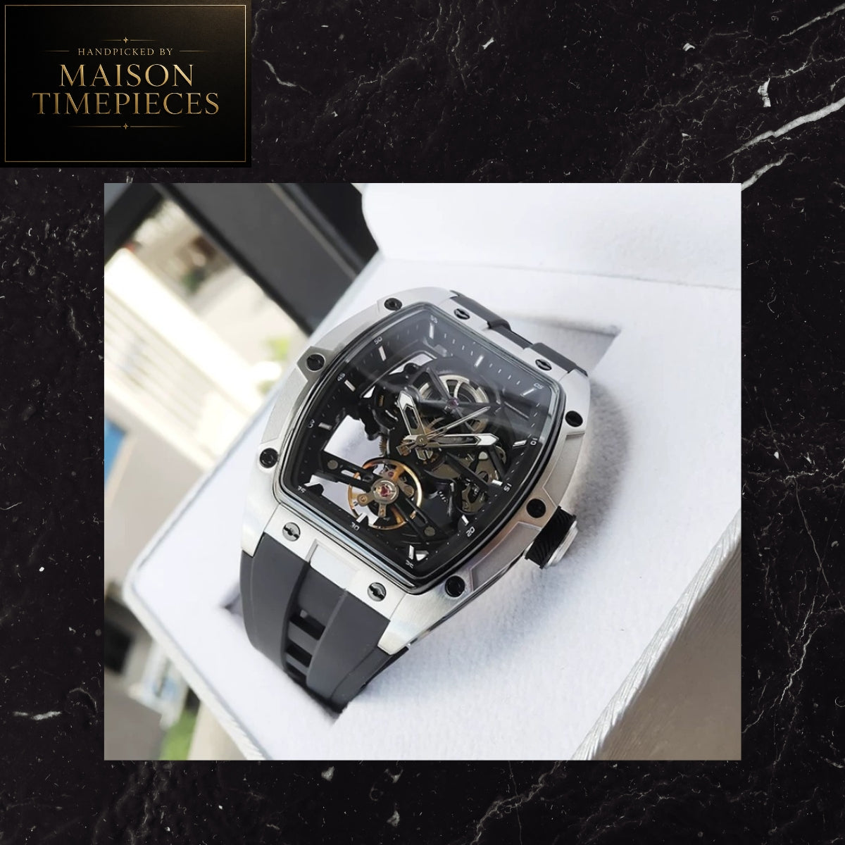 Maison Timepieces Curated Ref. 2242 - Automatic Skeleton Tonneau Watch 42mm Blue Dial Silicone Strap