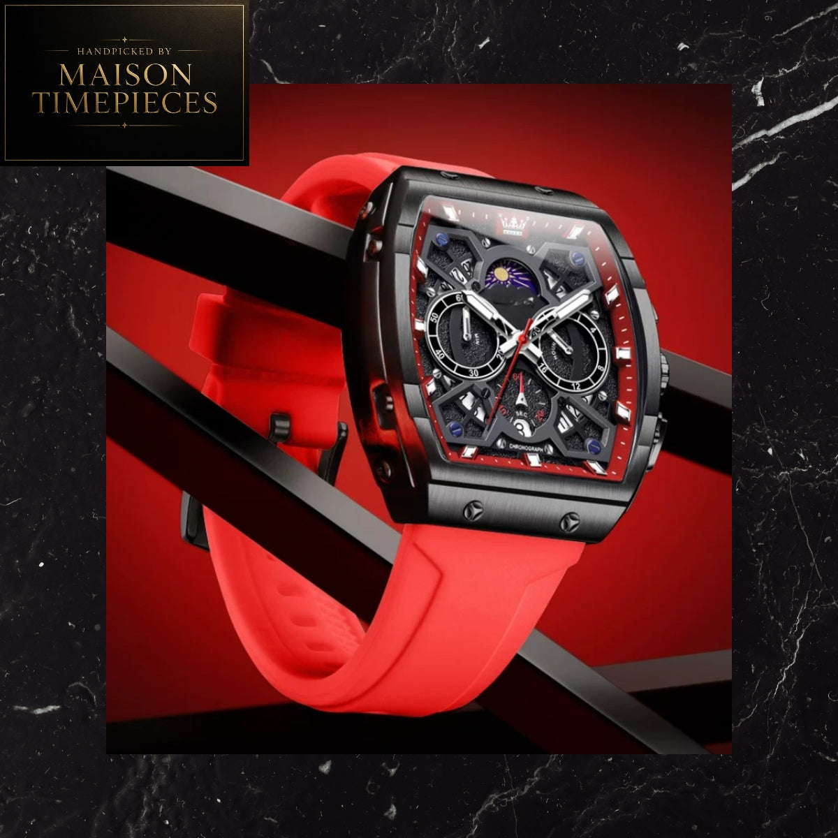 Maison Timepieces Curated Ref. 2942H - Quartz Tonneau Sports Watch 44mm Skeleton Dial Red Silicone Strap
