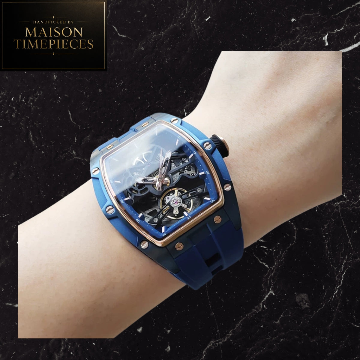 Maison Timepieces Curated Ref. 2242 - Automatic Skeleton Tonneau Watch 42mm Blue Dial Silicone Strap