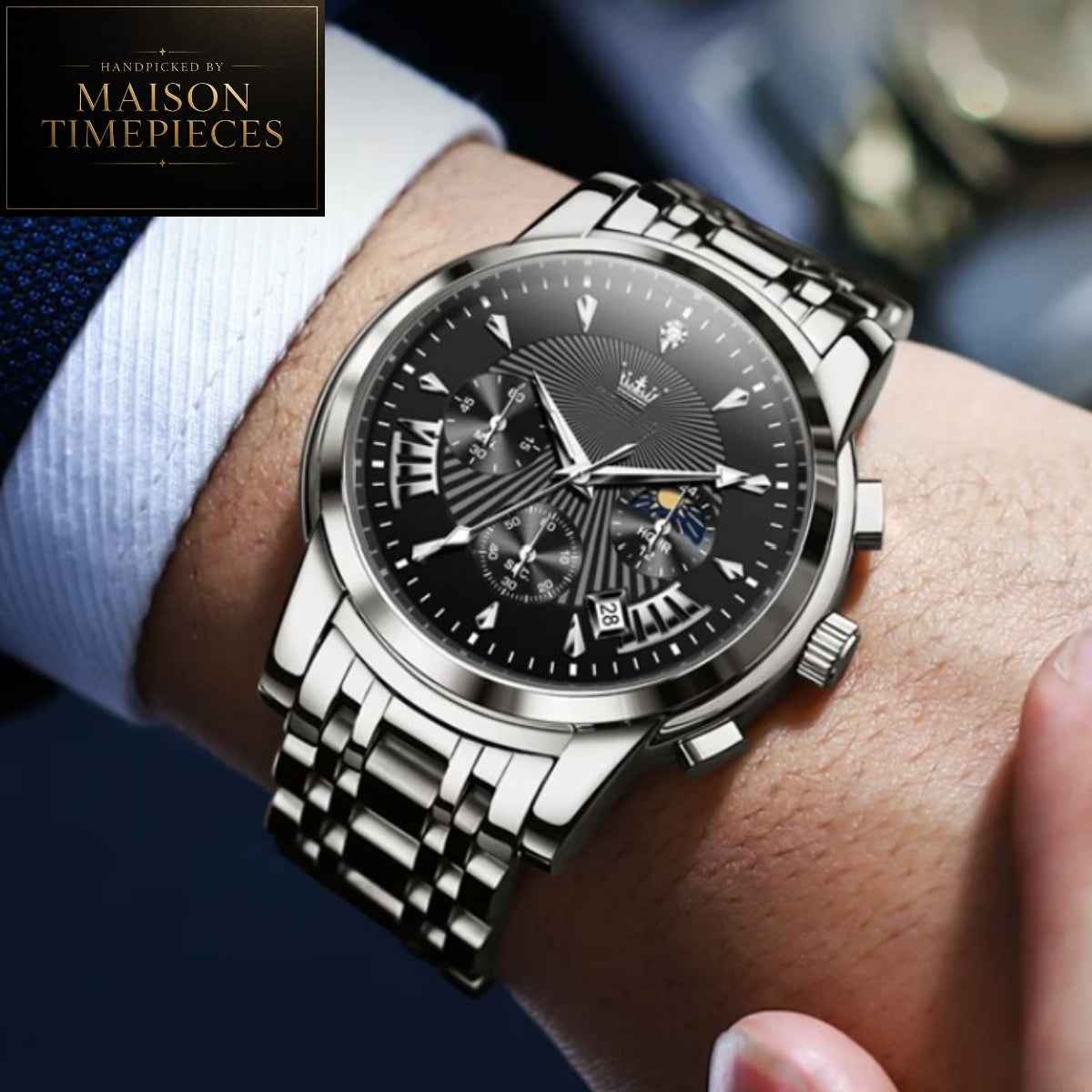 Maison Timepieces Curated Ref. 2892 - Quartz Chronograph Dress Watch 41mm Black Dial Stainless Steel Bracelet