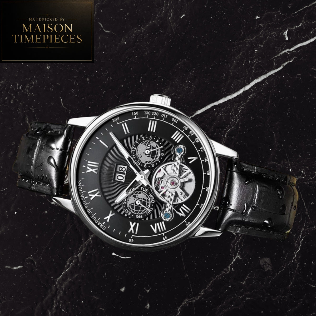 Maison Timepieces Curated automatic skeleton dress watch with black Roman numeral dial, open-heart mechanical movement display, stainless steel case and black leather strap.