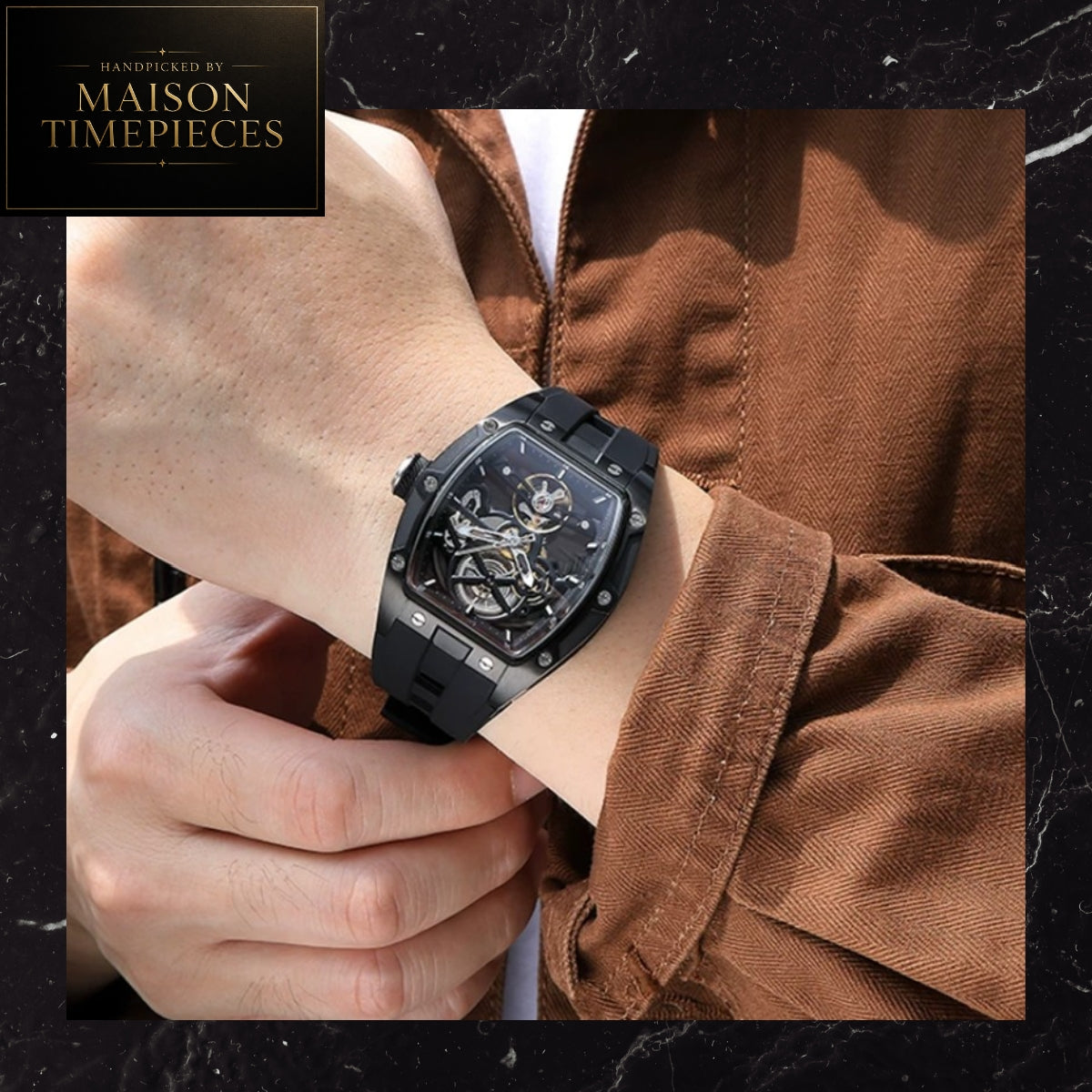 Maison Timepieces Curated Ref. 2242 - Automatic Skeleton Tonneau Watch 42mm Blue Dial Silicone Strap