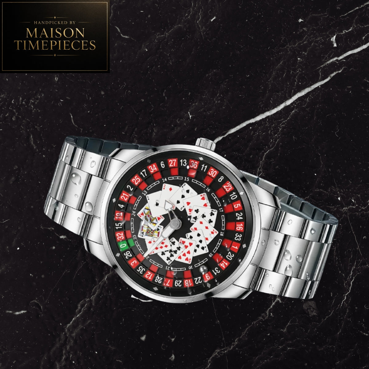 Maison Timepieces Curated casino roulette quartz watch featuring a 45mm stainless steel case, roulette wheel dial, playing card design and stainless steel bracelet.