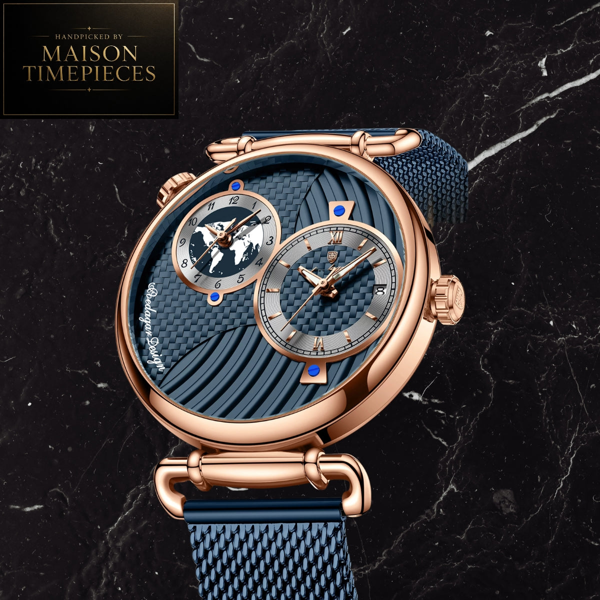Maison Timepieces Curated Ref. 848 - Quartz World Time Dress Watch 44mm Blue Textured Dial Mesh Strap
