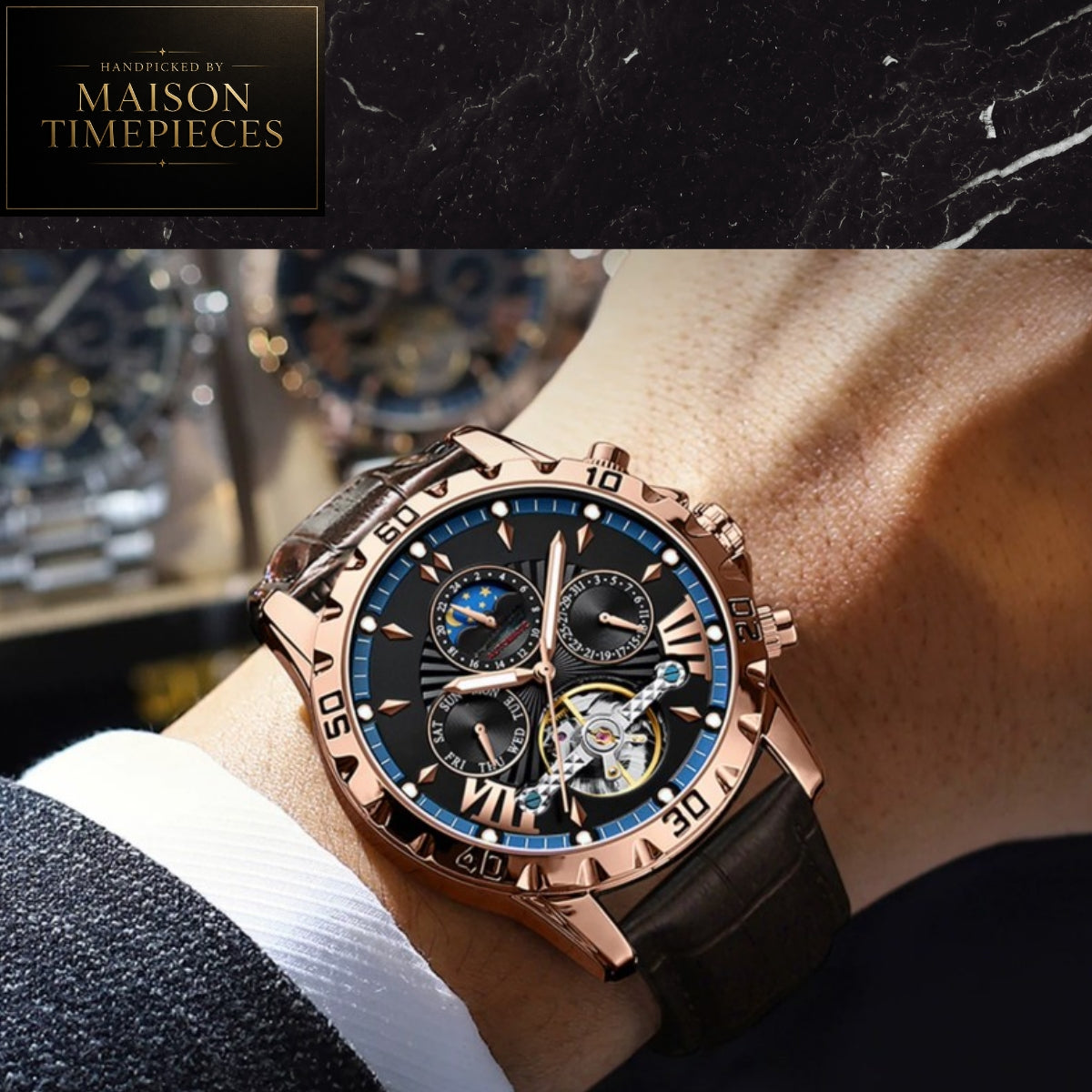 Maison Timepieces Curated Ref. 1410 - Automatic Tourbillon Style Moonphase Watch 43mm Black Dial Rose Gold Leather Strap