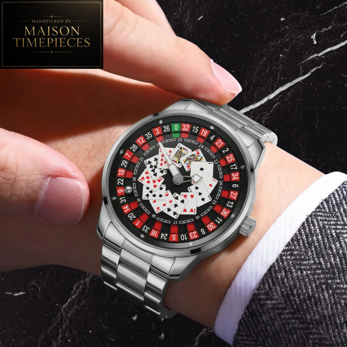 Maison Timepieces Curated Ref. 500 - Casino Roulette Playing Cards Quartz Watch 45mm Black Dial Stainless Steel Bracelet