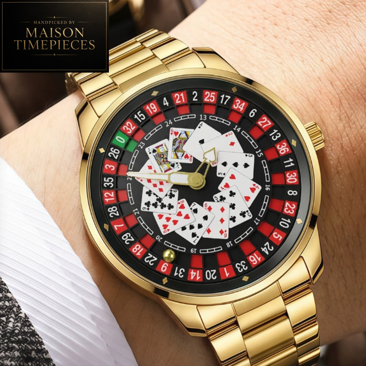 Maison Timepieces Curated casino roulette quartz watch featuring a 45mm stainless steel case, roulette wheel dial, playing card design and stainless steel bracelet.