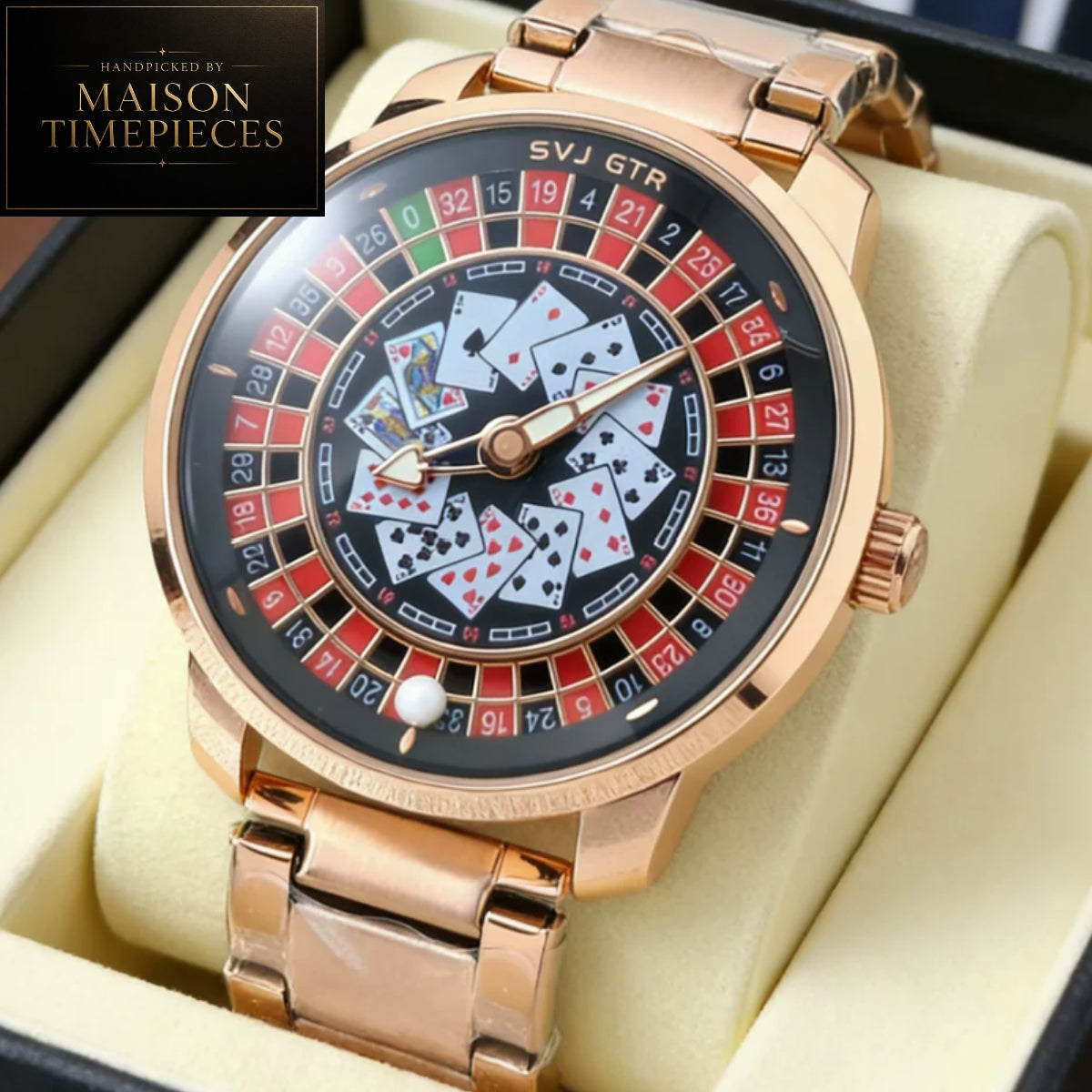 Maison Timepieces Curated casino roulette quartz watch featuring a 45mm stainless steel case, roulette wheel dial, playing card design and stainless steel bracelet.