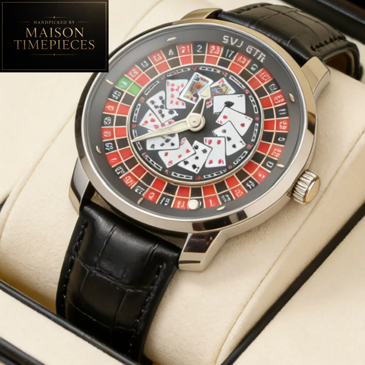 Maison Timepieces Curated casino roulette quartz watch featuring a 45mm stainless steel case, roulette wheel dial, playing card design and stainless steel bracelet.