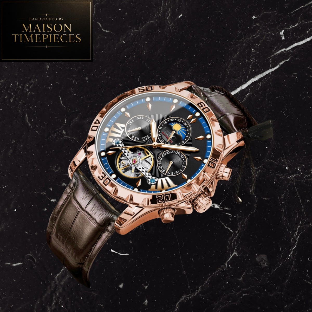 Maison Timepieces Curated Ref. 1410 - Automatic Tourbillon Style Moonphase Watch 43mm Black Dial Rose Gold Leather Strap