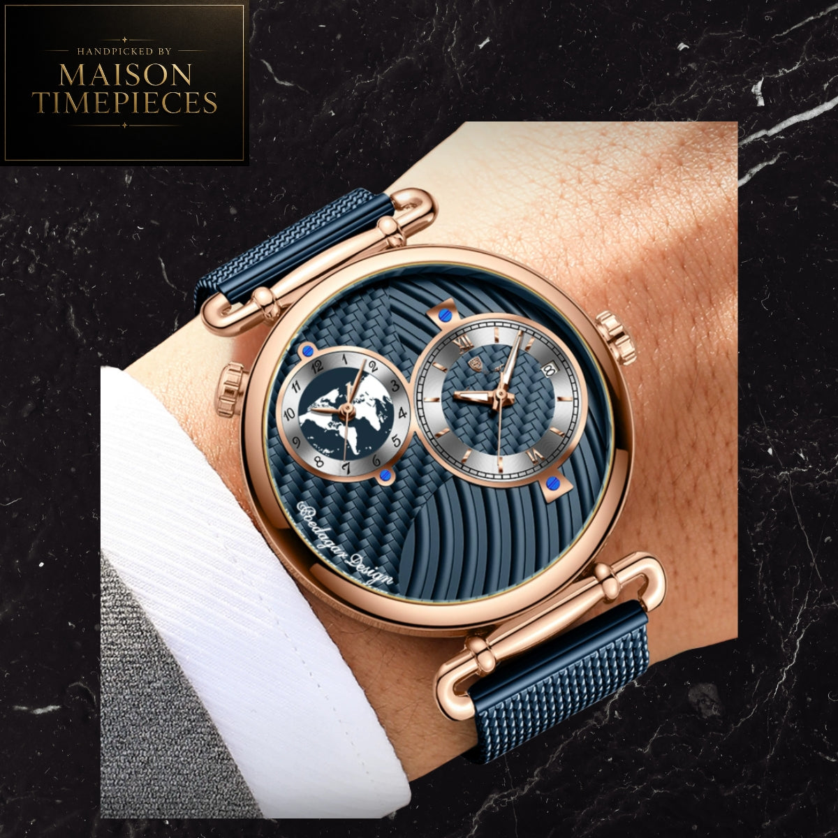 Maison Timepieces Curated Ref. 848 - Quartz World Time Dress Watch 44mm Blue Textured Dial Mesh Strap