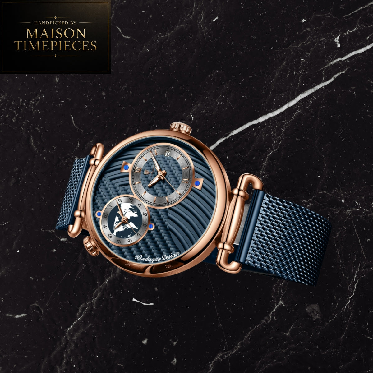 Maison Timepieces Curated Ref. 848 - Quartz World Time Dress Watch 44mm Blue Textured Dial Mesh Strap