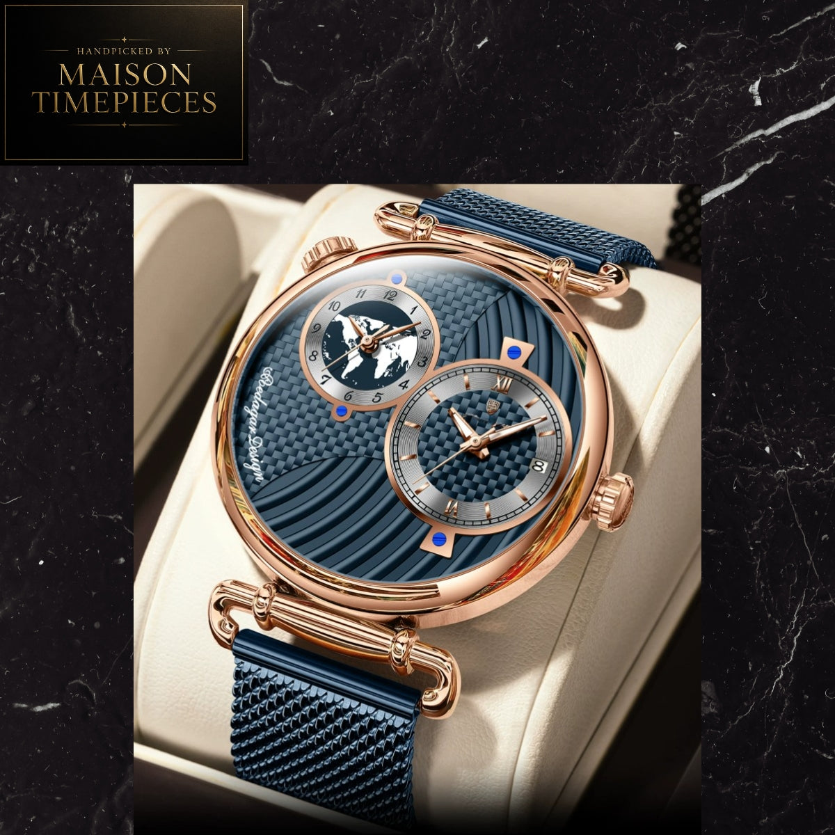 Maison Timepieces Curated Ref. 848 - Quartz World Time Dress Watch 44mm Blue Textured Dial Mesh Strap