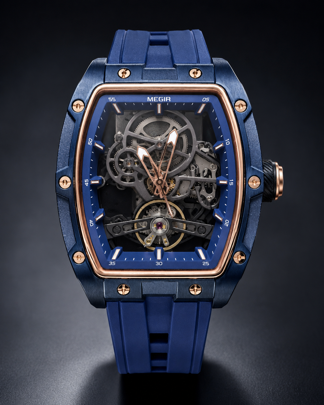 Maison Timepieces Curated – Azure Vanguard Automatic Skeleton Tonneau Watch 42mm Blue Dial