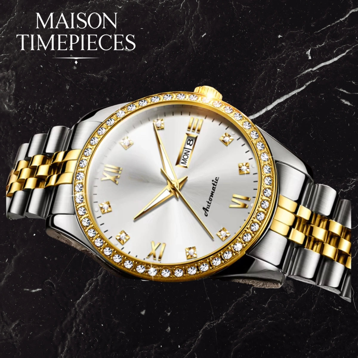 Luxury watch with gold and silver band on a dark marble background, featuring 'MAISON TIMEPIECES' branding.