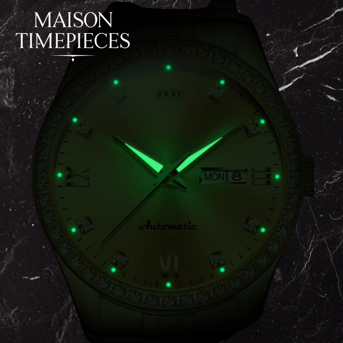 Glowing watch face with 'MAISON TIMEPIECES' branding on a dark background
