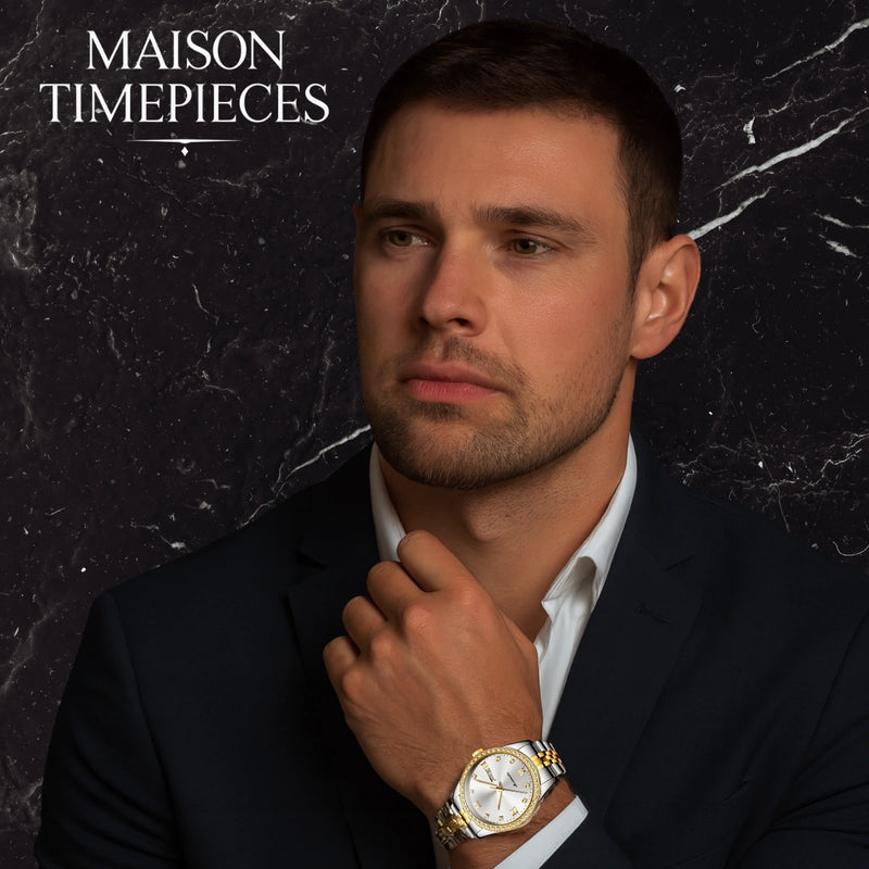 Man wearing a watch with 'MAISON TIMEPIECES' branding on a dark marble background