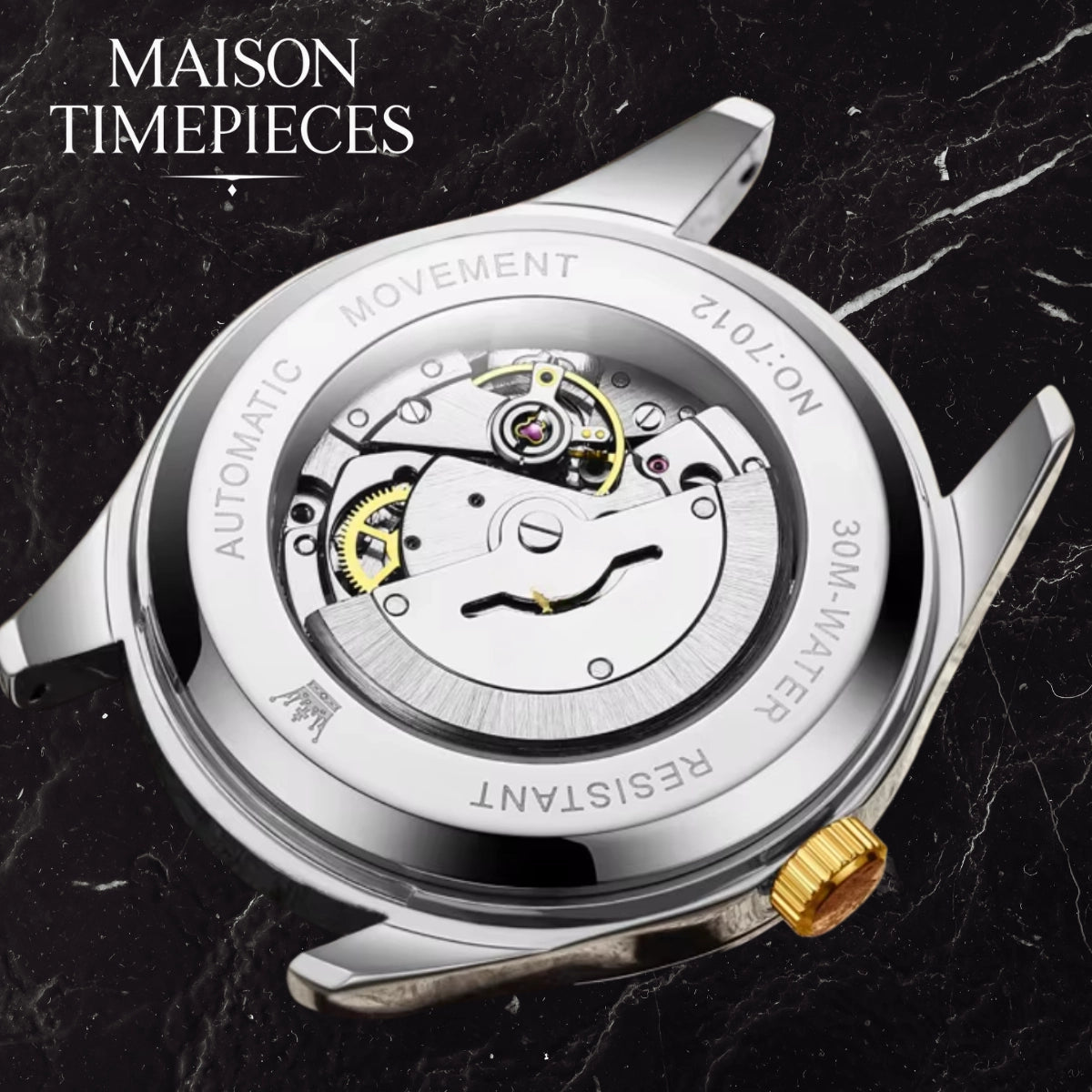 Watch mechanism with 'MAISON TIMEPIECES' branding on a dark background