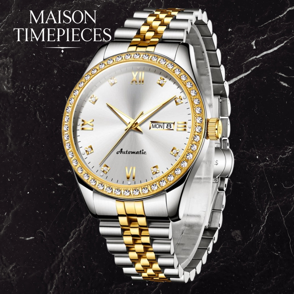 Luxury watch with silver and gold band on a dark marble background, featuring 'MAISON TIMEPIECES' text.