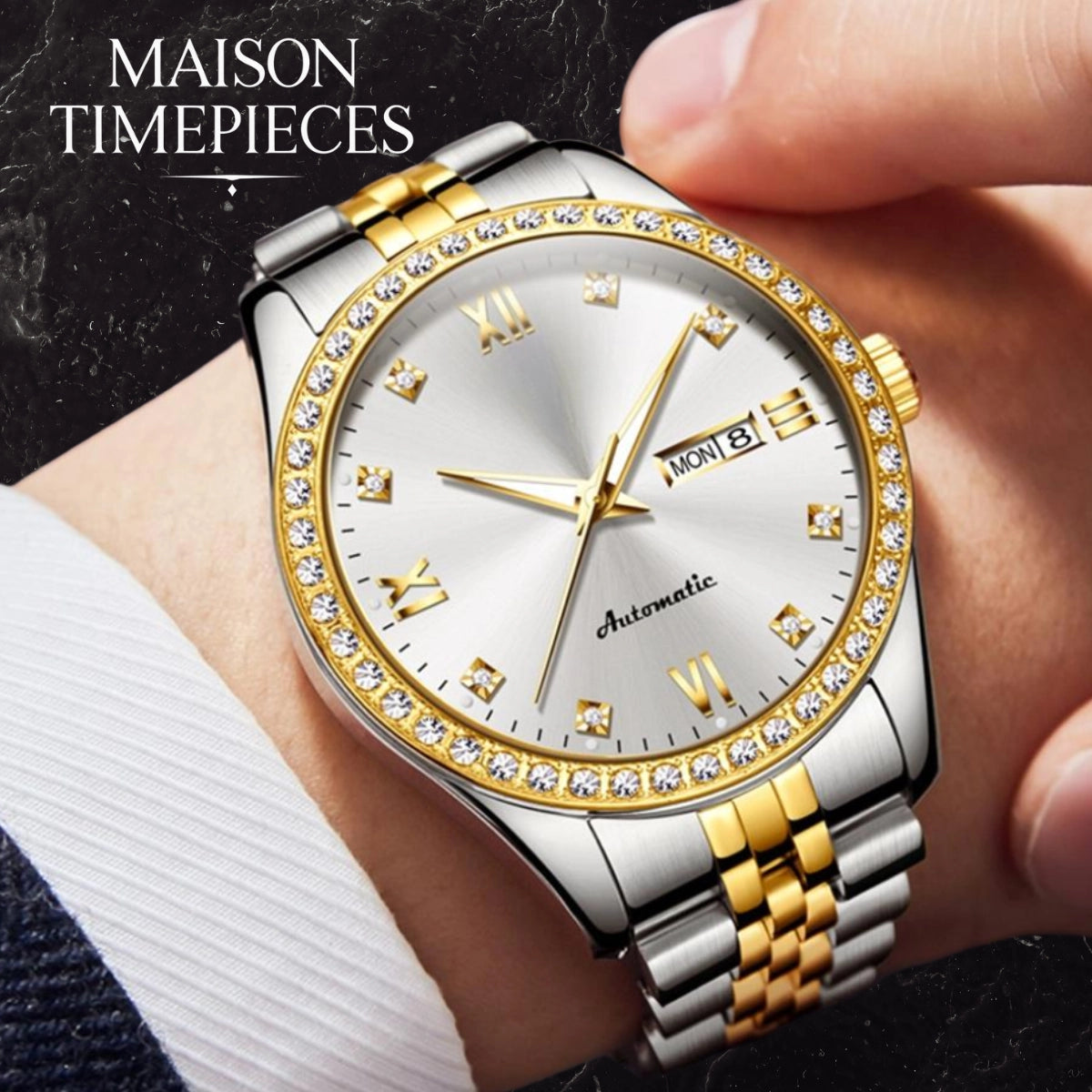 Luxury watch with gold and silver band worn on a wrist, brand 'MAISON TIMEPIECES' visible.