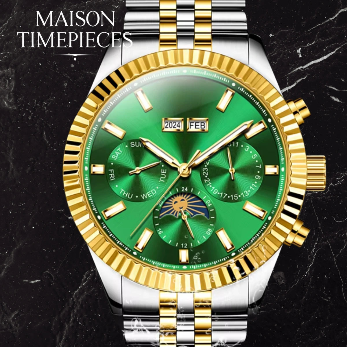 Luxury watch with green face and gold accents on a dark marble background, branded 'Maison Timepieces'.