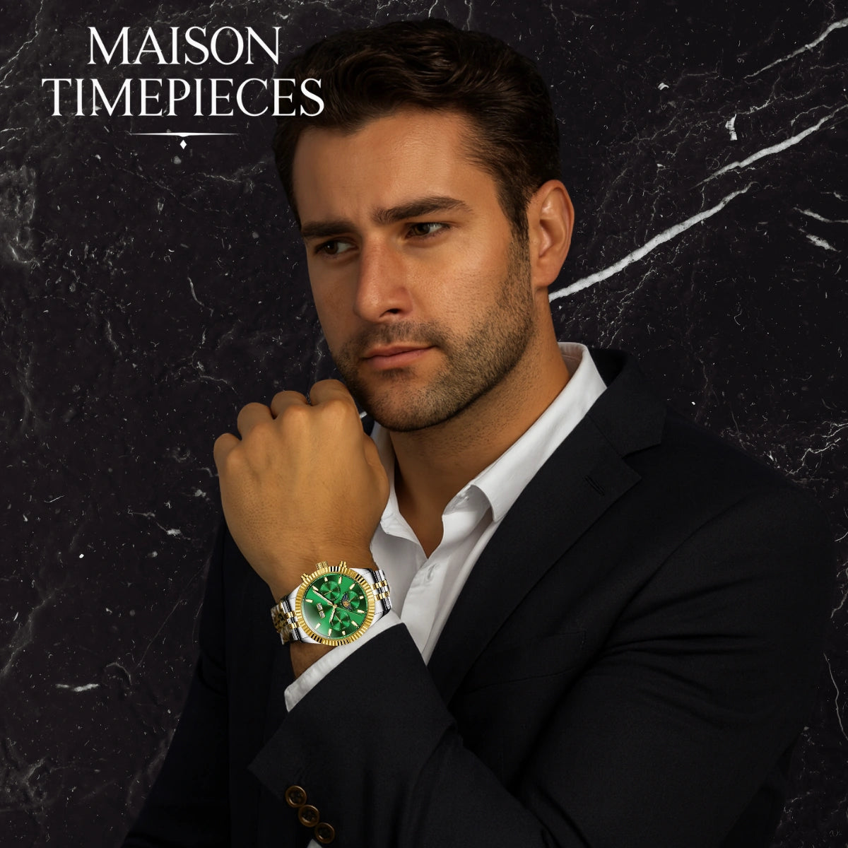 Man wearing a watch with 'Maison Timepieces' branding on a dark marble background