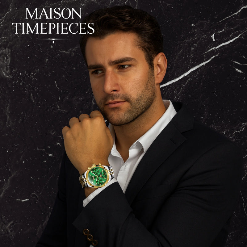 Man wearing a watch with 'Maison Timepieces' branding on a dark marble background