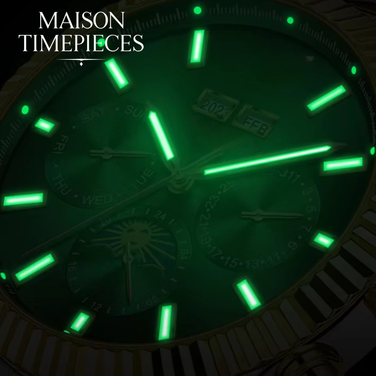 Watch face with green glowing hands and markers, branded 'MAISON TIMEPIECES'.