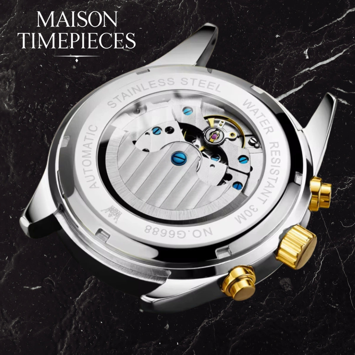 Maison Timepieces watch with visible mechanical components on a dark marble background