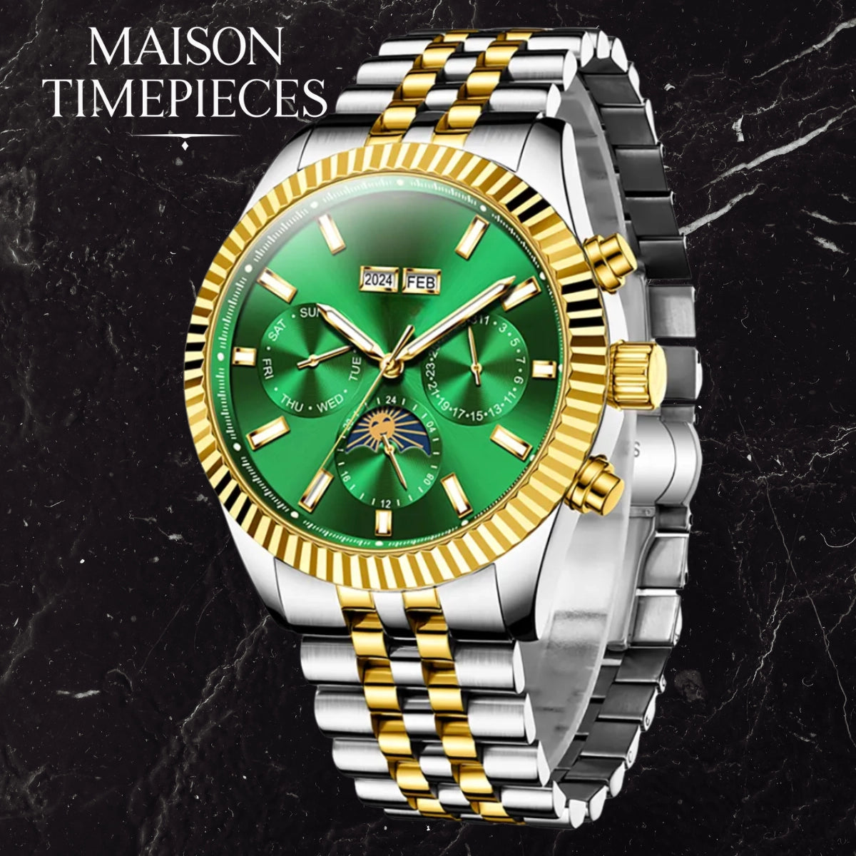 Luxury watch with green face and gold and silver band on black marble background, brand 'MAISON TIMEPIECES' visible.