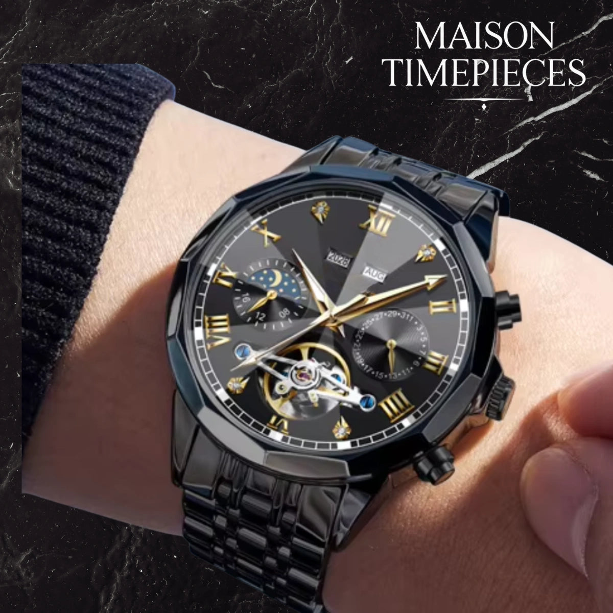 Luxury watch with black strap and detailed face on wrist, brand 'MAISON TIMEPIECES' visible