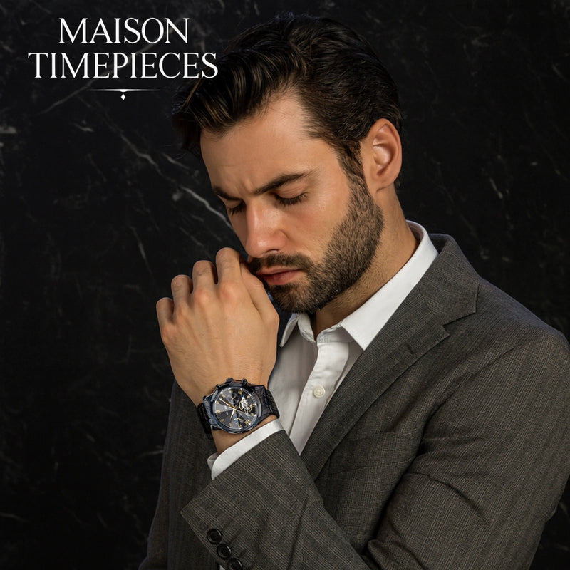 Man in a suit looking at a watch with 'MAISON TIMEPIECES' branding.