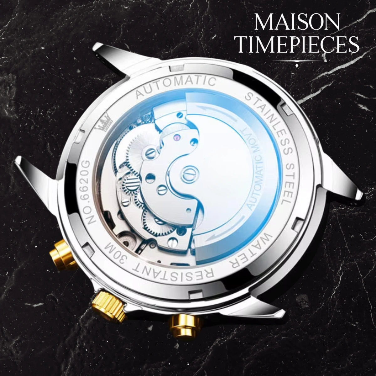 Watch with mechanical components on a dark marble background, featuring the brand 'Maison Timepieces'.