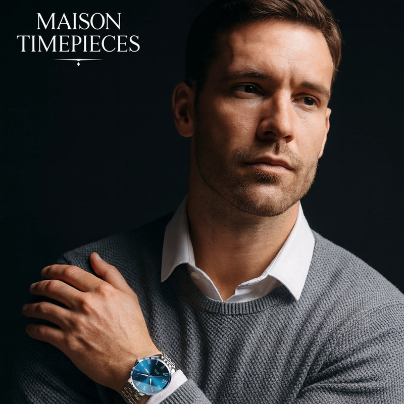 Man wearing a watch with 'Maison Timepieces' branding
